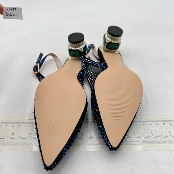 FSJ Dark Purple Pointed Toe Slingback Wedding Chunky Low Heel Rhinestone Pumps - Picture 7 of 8